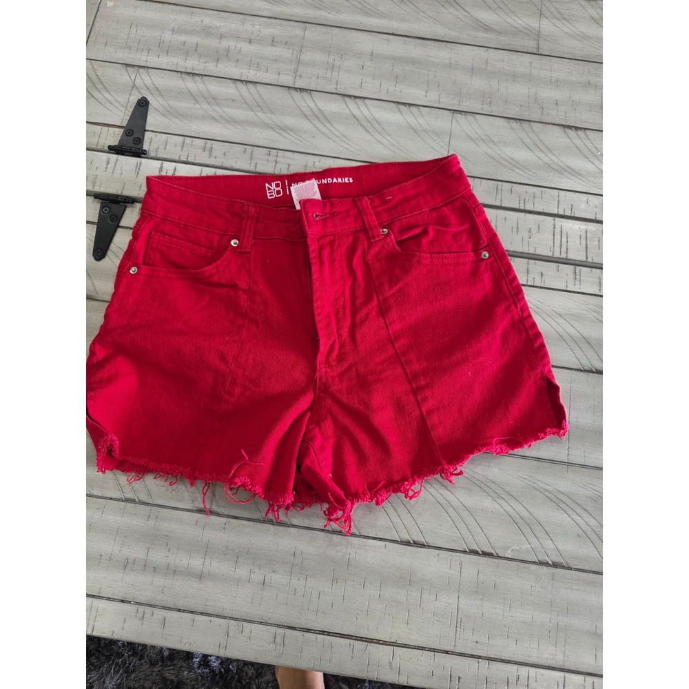 No Boundaries Womens Red High Rise Raw Hem Denim Shorts Size 7